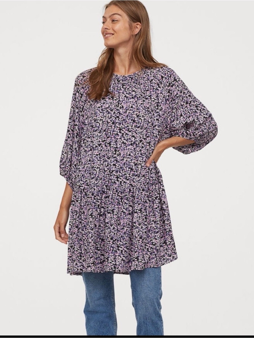 2 for $15 sale: H&M pink purple long sleeve ditsy floral tiered loose mini dress
